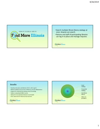 Benefits  Local  catalog  Seamless discovery and delivery: find it, click it, get it  Consortial