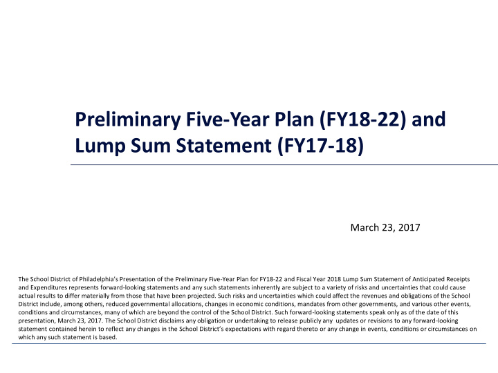 preliminary five year plan fy18 22 and lump sum statement