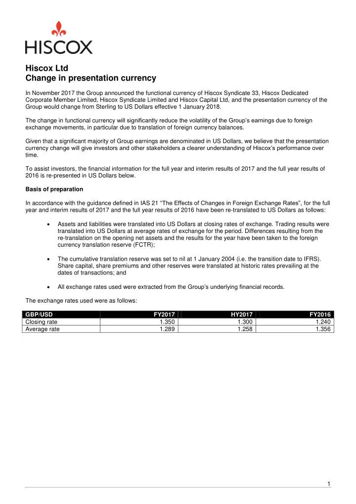 hiscox ltd change in presentation currency