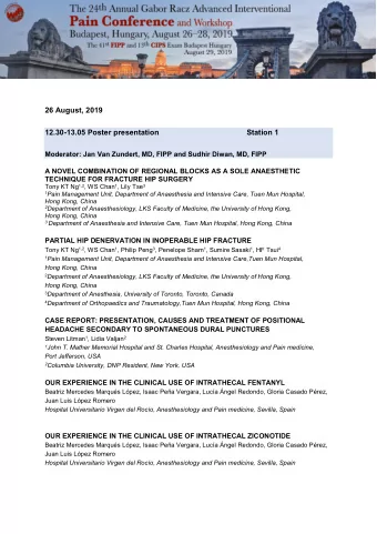 26 August, 2019  12.30-13.05 Poster presentation  Station 1  Moderator: Jan Van Zundert, MD, FIPP