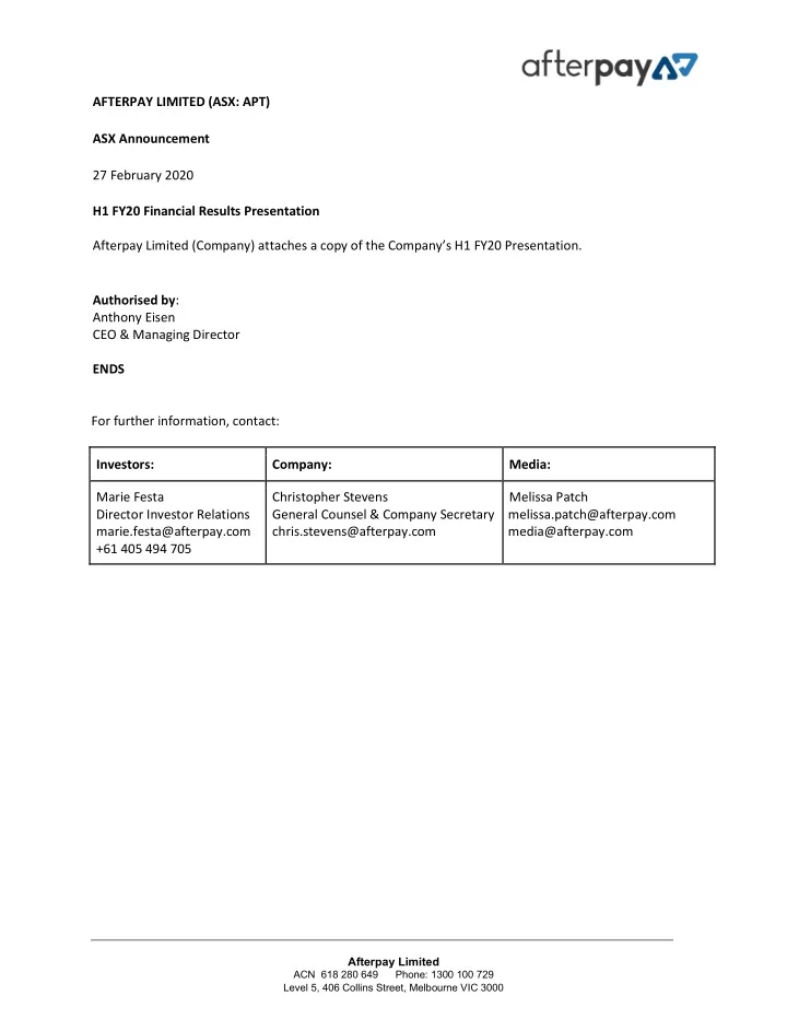 afterpay limited asx apt asx announcement 27 february
