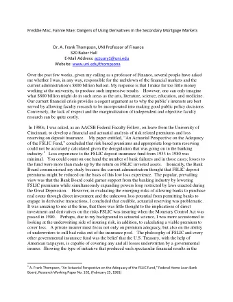 Freddie Mac, Fannie Mae: Dangers of Using Derivatives in the Secondary Mortgage Markets  Dr. A.