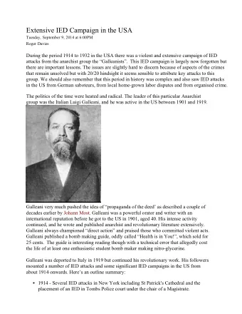 Extensive IED Campaign in the USA  Tuesday, September 9, 2014 at 6:00PM  Roger Davies  During the