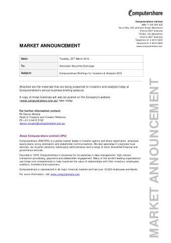 MARKET ANNOUNCEMENT  Attached are the materials that are being presented to investors and analysts