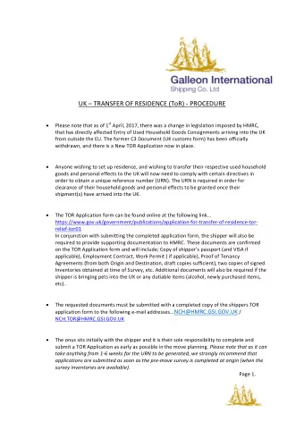 UK  TRANSFER OF RESIDENCE (ToR) - PROCEDURE  Please note that as of 1 st April, 2017, there