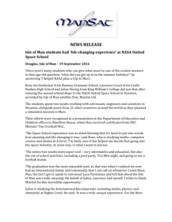 NEWS RELEASE Isle of Man students hail life - changing experience at NASA United Space School