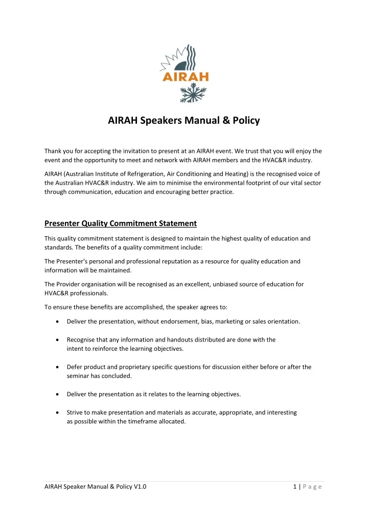 airah speakers manual policy