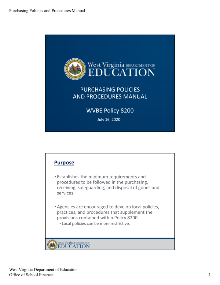 purchasing policies and procedures manual wvbe policy 8200