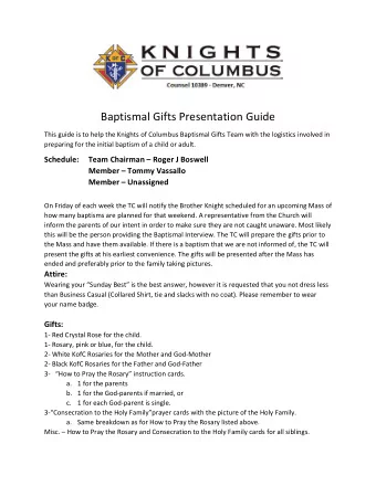 Baptismal Gifts Presentation Guide  This guide is to help the Knights of Columbus Baptismal Gifts