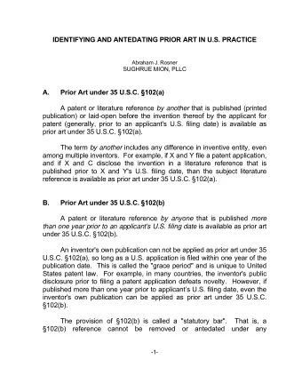 IDENTIFYING AND ANTEDATING PRIOR ART IN U.S. PRACTICE  Abraham J. Rosner  SUGHRUE MION, PLLC  A.