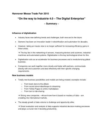 On the way to Industrie 4.0  The Digital Enterprise   Summary   Influence of