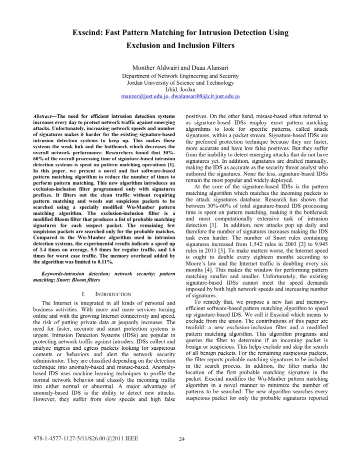 exscind fast pattern matching for intrusion detection