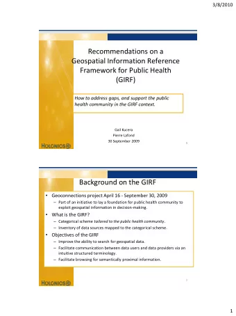 Recommendations on a  Geospatial Information Reference  Framework for Public Health  (GIRF)  How to