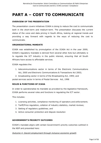 PART A  COST TO COMMUNICATE  OVERVIEW OF THE PRESENTATION  The presentation covers initiatives