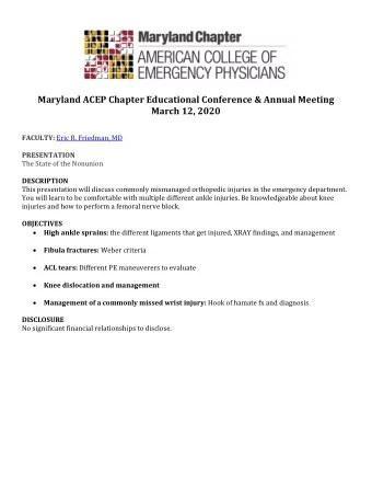 Maryland ACEP Chapter Educational Conference &amp; Annual Meeting  March 12, 2020 FACULTY: Eric R.
