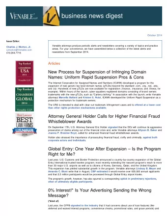 business news digest  October 2014  Issue Editor:  Venable attorneys produce periodic alerts and