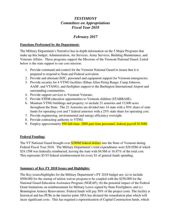 testimony committees on appropriations fiscal year 2018