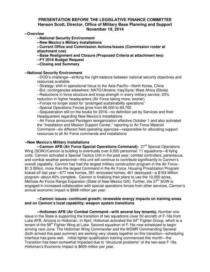 presentation before the legislative finance committee