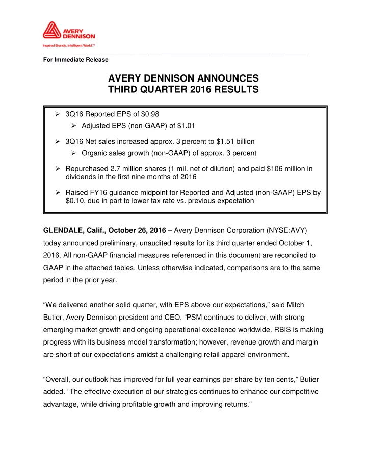 for immediate release avery dennison announces