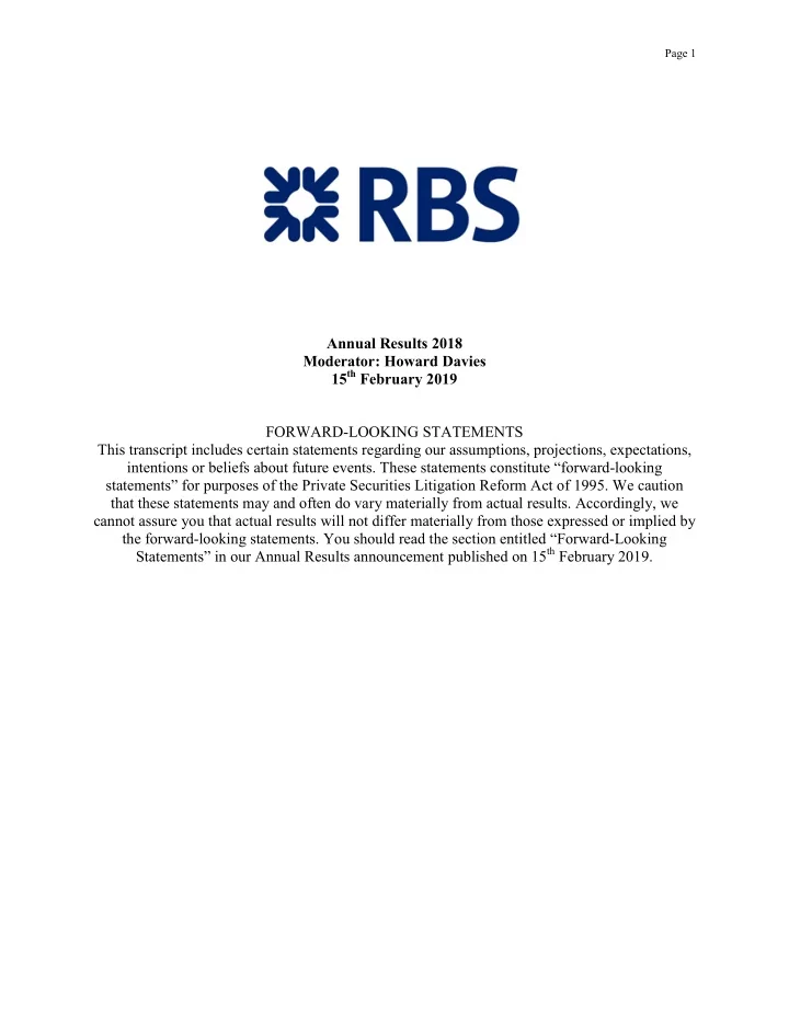 annual results 2018 moderator howard davies 15 th