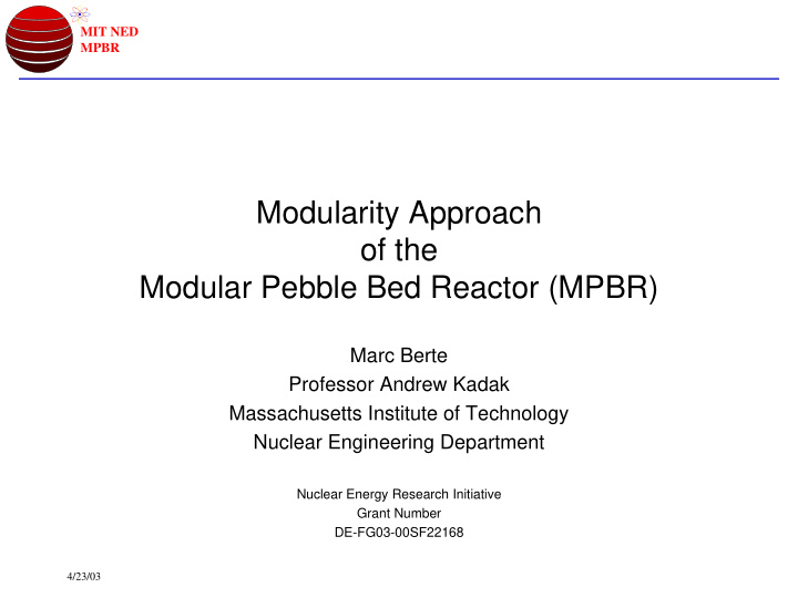 modularity approach of the modular pebble bed reactor mpbr
