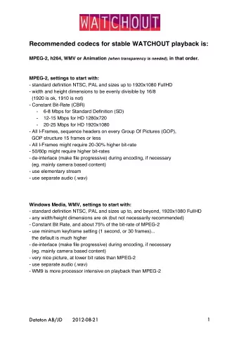 Recommended codecs for stable WATCHOUT playback is: MPEG-2, h264, WMV or Animation (when