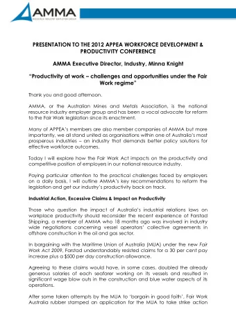 PRESENTATION TO THE 2012 APPEA WORKFORCE DEVELOPMENT &amp;  PRODUCTIVITY CONFERENCE  AMMA Executive