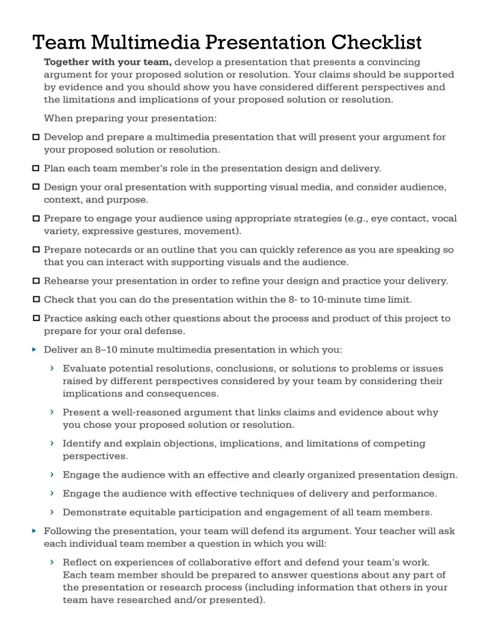 team multimedia presentation checklist