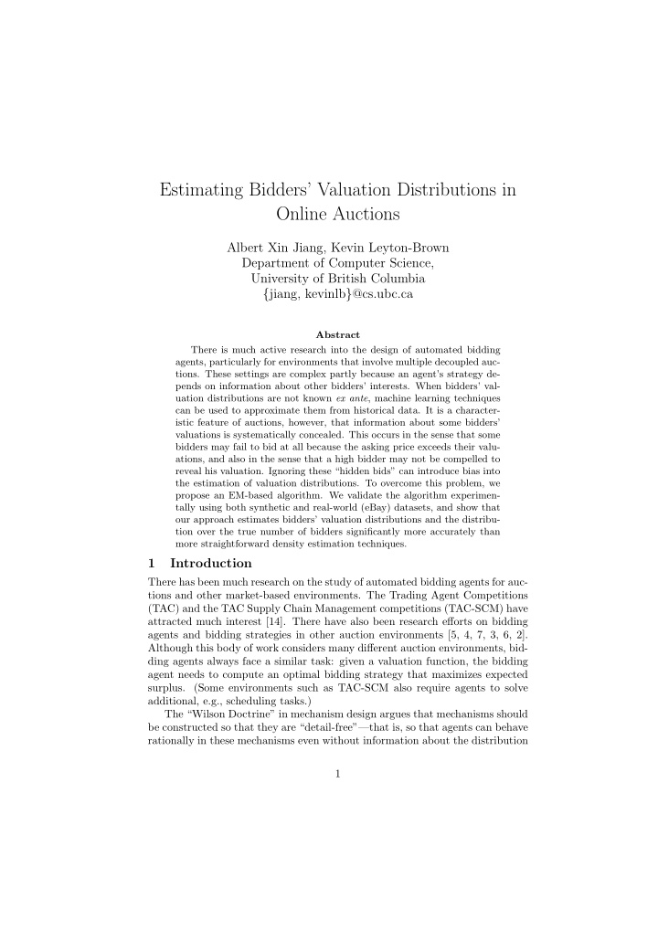 estimating bidders valuation distributions in online