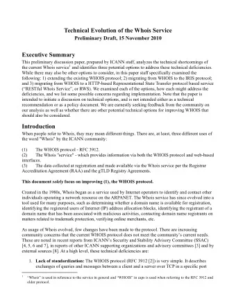 Technical Evolution of the Whois Service  Preliminary Draft, 15 November 2010  Executive Summary