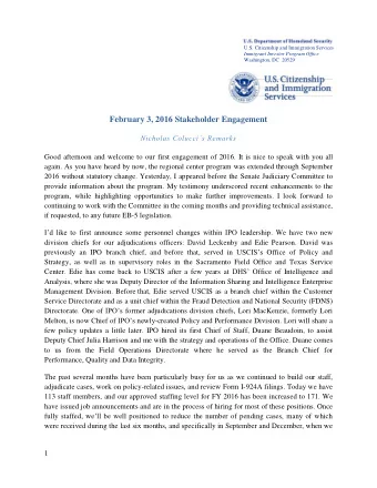 February 3, 2016 Stakeholder Engagement Nicholas Coluccis Remarks  Good afternoon and welcome to