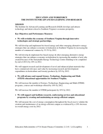 EDUCATION AND WORKFORCE  THE INSTITUTE FOR ADVANCED LEARNING AND RESEARCH  MISSION  The Institute