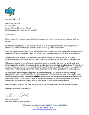 November 14 th , 2018  Attn: Suzan Saykam  Co-Chair PAC  General Gordon Elementary School  2268