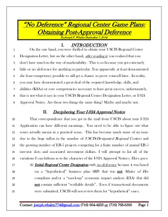 No Deference Regional Center Ga  Game Plans:  Ob  Obtaining P  Post-Approval Defe  ference