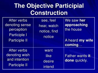 The Objective Participial  Construction  After verbs  see, feel We saw her  denoting sense