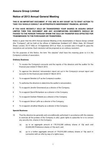 Assura Group Limited  Notice of 2013 Annual General Meeting  THIS IS AN IMPORTANT DOCUMENT. IF YOU