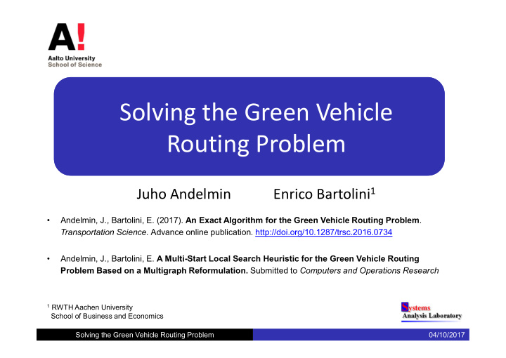 solving the green vehicle routing problem