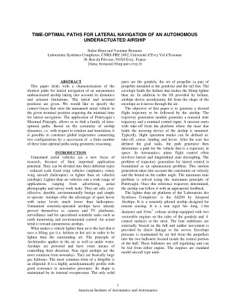TIME-OPTIMAL PATHS FOR LATERAL NAVIGATION OF AN AUTONOMOUS UNDERACTUATED AIRSHIP  Salim Hima and