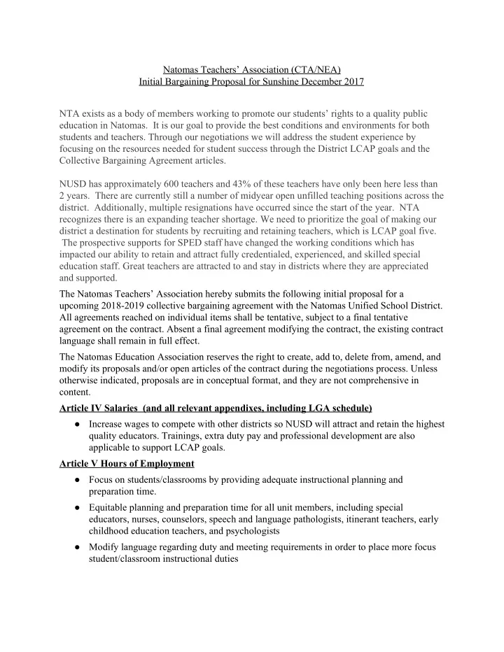 natomas teachers association cta nea initial bargaining