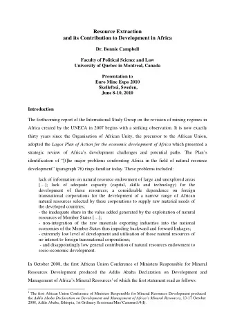 Resource Extraction  and its Contribution to Development in Africa  Dr. Bonnie Campbell  Faculty of