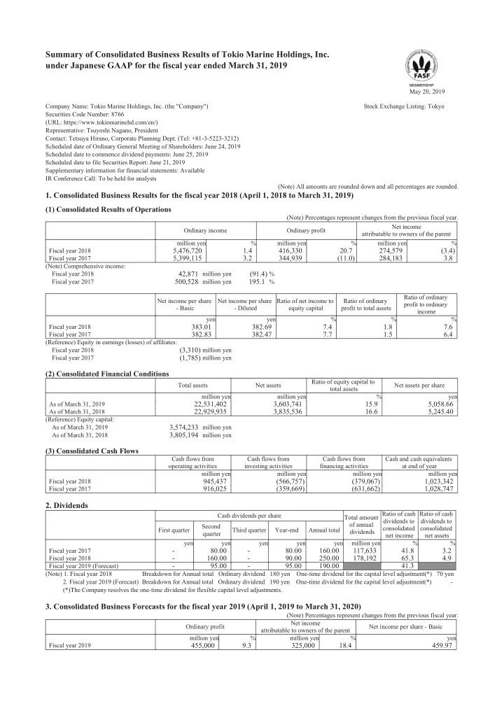 summary of consolidated business results of tokio marine