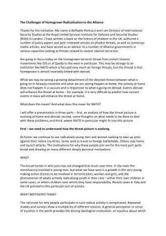 The Challenges of Homegrown Radicalisation to the Alliance  Thanks for the invitation. My name is