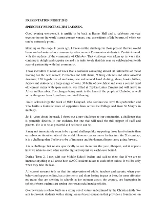 PRESENTATION NIGHT 2013  SPEECH BY PRINCIPAL JIM LAUSSEN.  Good evening everyone, it is terrific to