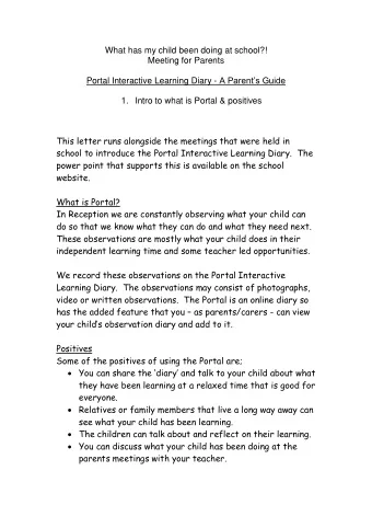 What has my child been doing at school?!  Meeting for Parents Portal Interactive Learning Diary - A