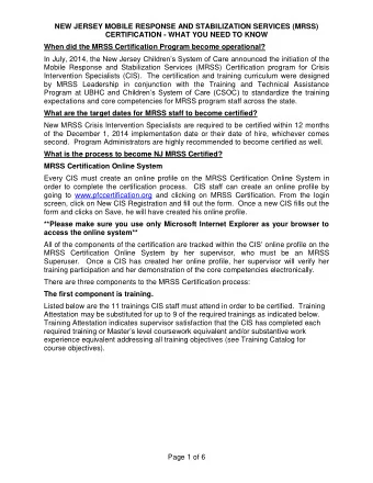 NEW JERSEY MOBILE RESPONSE AND STABILIZATION SERVICES (MRSS)  CERTIFICATION - WHAT YOU NEED TO KNOW