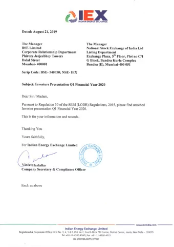 IEX  INDIAN ENERGY EXCHANGE  Dated: August 21, 2019  The Manager  The Manager  BSE Limited