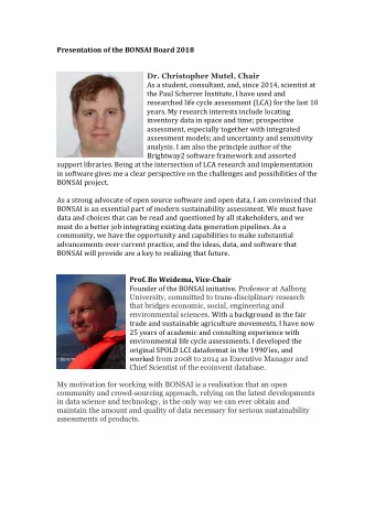 Presentation of the BONSAI Board 2018  Dr. Christopher Mutel, Chair  As a student, consultant, and,