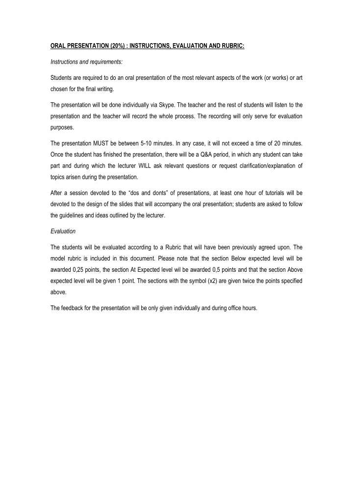 oral presentation 20 instructions evaluation and rubric