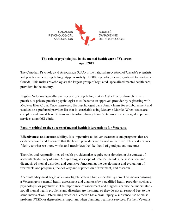 the role of psychologists in the mental health care of