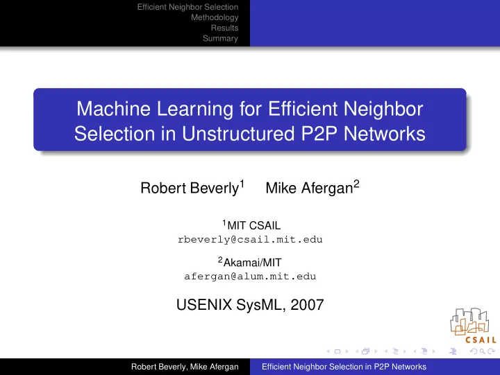 machine learning for efficient neighbor selection in